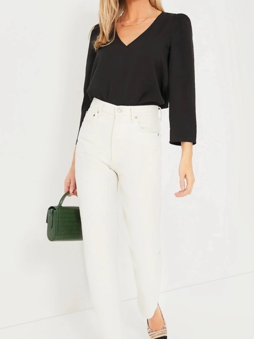 Tuckernuck Tetley Top Women's XS Black V Neck Puff Shoulder Blouse